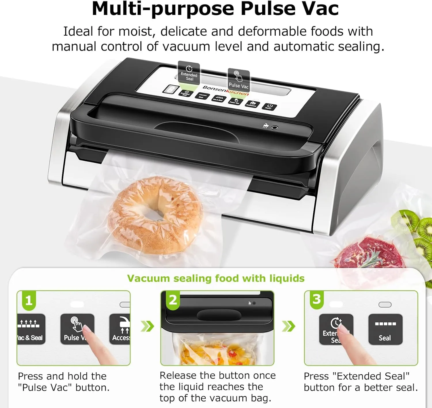 Bonsenkitchen Vacuum Sealer Machine, Globefish Technology for Perfect Vacuum Sealing, Powerful Low-Noise Food Vacuum Sealer with Easy Handle Design, Built-in Cutter and Bag Storage, 2 Bag Rolls