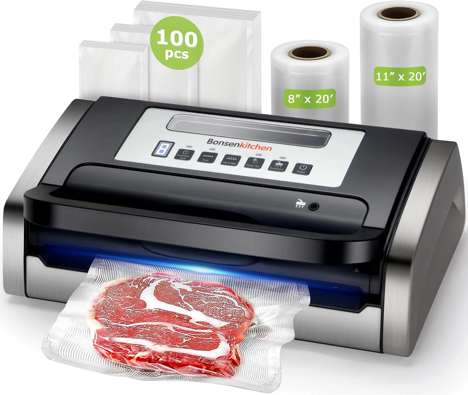 Bonsenkitchen Vacuum Sealer Machine, Powerful Low-Noise Food Vacuum Sealer for High-Speed Continuous Working, Handle Locked Design, Built-in Cutter, 2 Bag Rolls   100 PCS Vacuum Bags