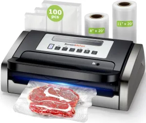 Bonsenkitchen Vacuum Sealer Machine, Powerful Low-Noise Food Vacuum Sealer for High-Speed Continuous Working, Handle Locked Design, Built-in Cutter, 2 Bag Rolls   100 PCS Vacuum Bags