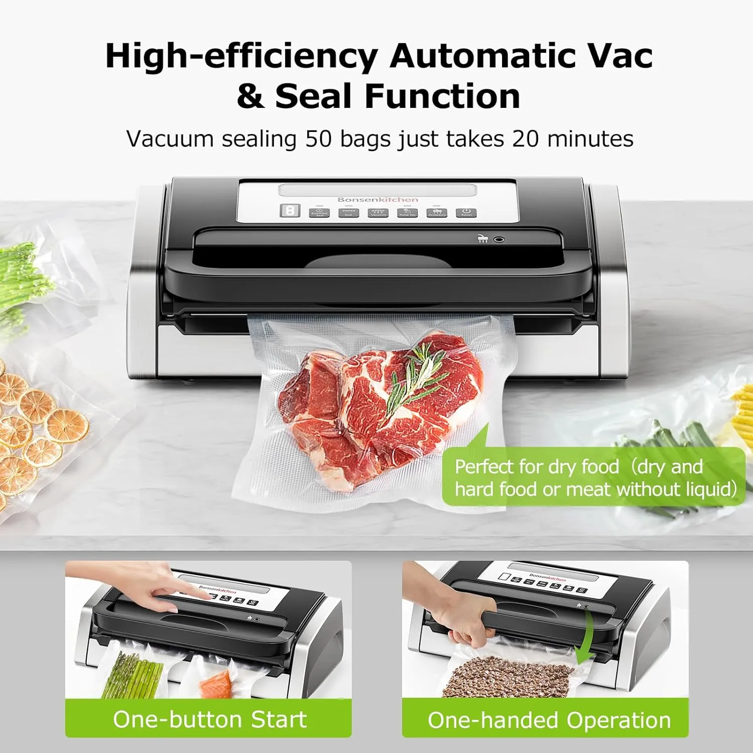Bonsenkitchen Vacuum Sealer Machine, Powerful Low-Noise Food Vacuum Sealer for High-Speed Continuous Working, Handle Locked Design, Built-in Cutter, 2 Bag Rolls   100 PCS Vacuum Bags