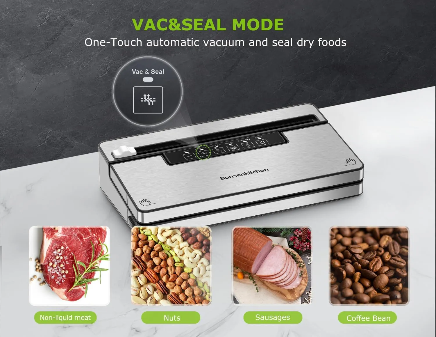 Bonsenkitchen Vacuum Sealer Machine, Stainless Steel Food Sealer Vacuum Sealers with 30 Bags & 1 Roll, 5 Food Vacuum Modes, Built-in Cutter & Bag Storage, Climate Pledge Friendly (Silver Black)