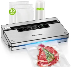 Bonsenkitchen Vacuum Sealer Machine, Stainless Steel Food Sealer Vacuum Sealers with 30 Bags & 1 Roll, 5 Food Vacuum Modes, Built-in Cutter & Bag Storage, Climate Pledge Friendly (Silver Black)