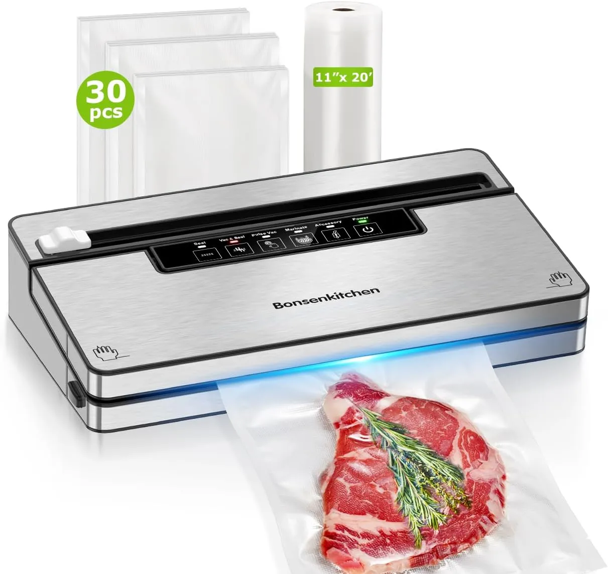 Bonsenkitchen Vacuum Sealer Machine, Stainless Steel Food Sealer Vacuum Sealers with 30 Bags & 1 Roll, 5 Food Vacuum Modes, Built-in Cutter & Bag Storage, Climate Pledge Friendly (Silver Black)