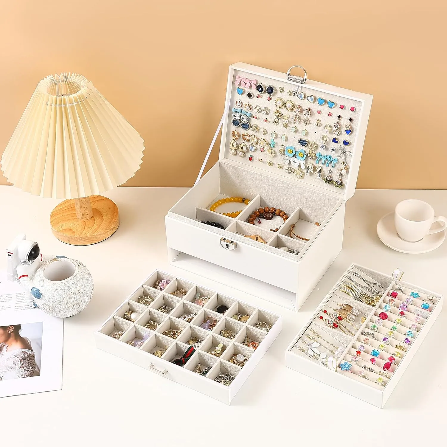 BOOVO Earring Jewelry Box For Women Girl Stud Organizer, 5 Layers Girl Jewelry Organizer Box With Lock Earring Holder Organizer Necklace Ring Jewelry Organizer Box For Girls (White, 5 layer)