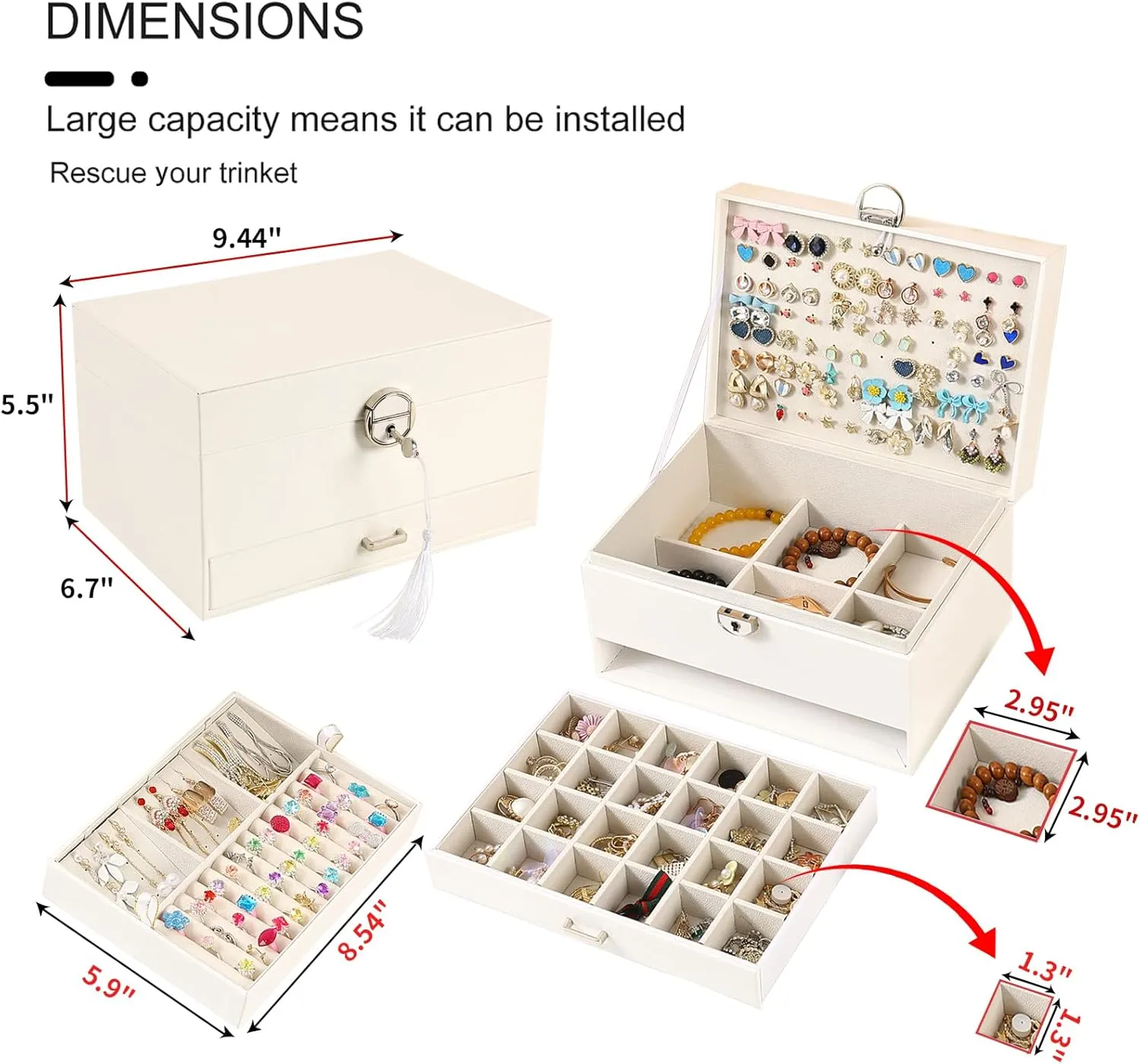 BOOVO Earring Jewelry Box For Women Girl Stud Organizer, 5 Layers Girl Jewelry Organizer Box With Lock Earring Holder Organizer Necklace Ring Jewelry Organizer Box For Girls (White, 5 layer)