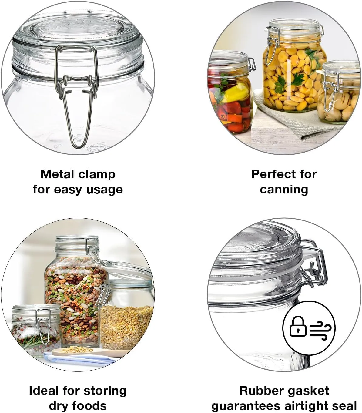 Bormioli Rocco Fido Cylinder Glass Jar with Airtight Gasket Clamp Lid for Canning and Preserving, or Storing Pasta and Dry Foods, 25.25 oz., Set of 6