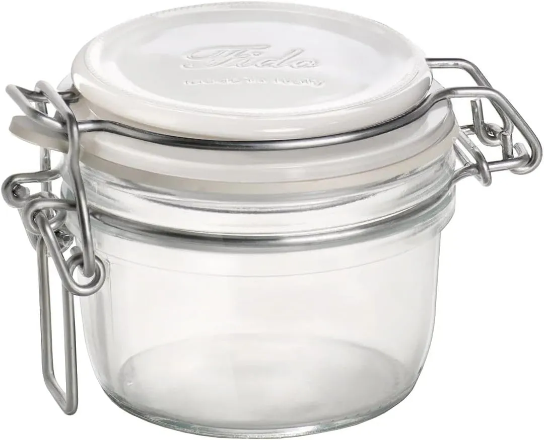 Bormioli Rocco Fido Glass Jar with Airtight Gasket Clamp Lid for Canning and Preserving, or Storing Pasta and Dry Foods, White Top, 4.25 oz., Set of 12