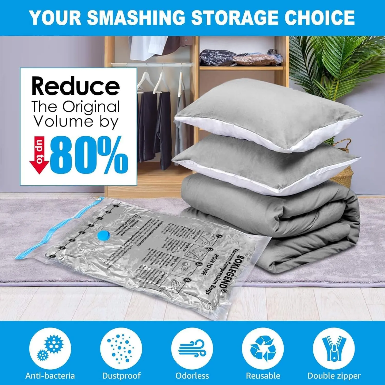 BoxLegend Vacuum Storage Bags 15 Combo Vacuum Pack Bags Space Saving Double Zipper Seal & Leak Valve Reusable for Clothes Pillow Comforters Bedding,1XXL, 2XL, 5L, 5M, 2S,1 Large Pump