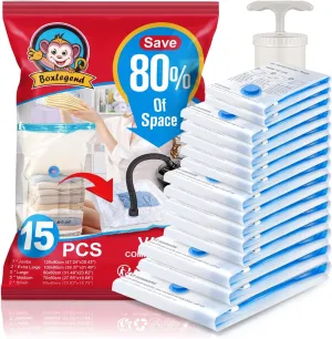 BoxLegend Vacuum Storage Bags 15 Combo Vacuum Pack Bags Space Saving Double Zipper Seal & Leak Valve Reusable for Clothes Pillow Comforters Bedding,1XXL, 2XL, 5L, 5M, 2S,1 Large Pump