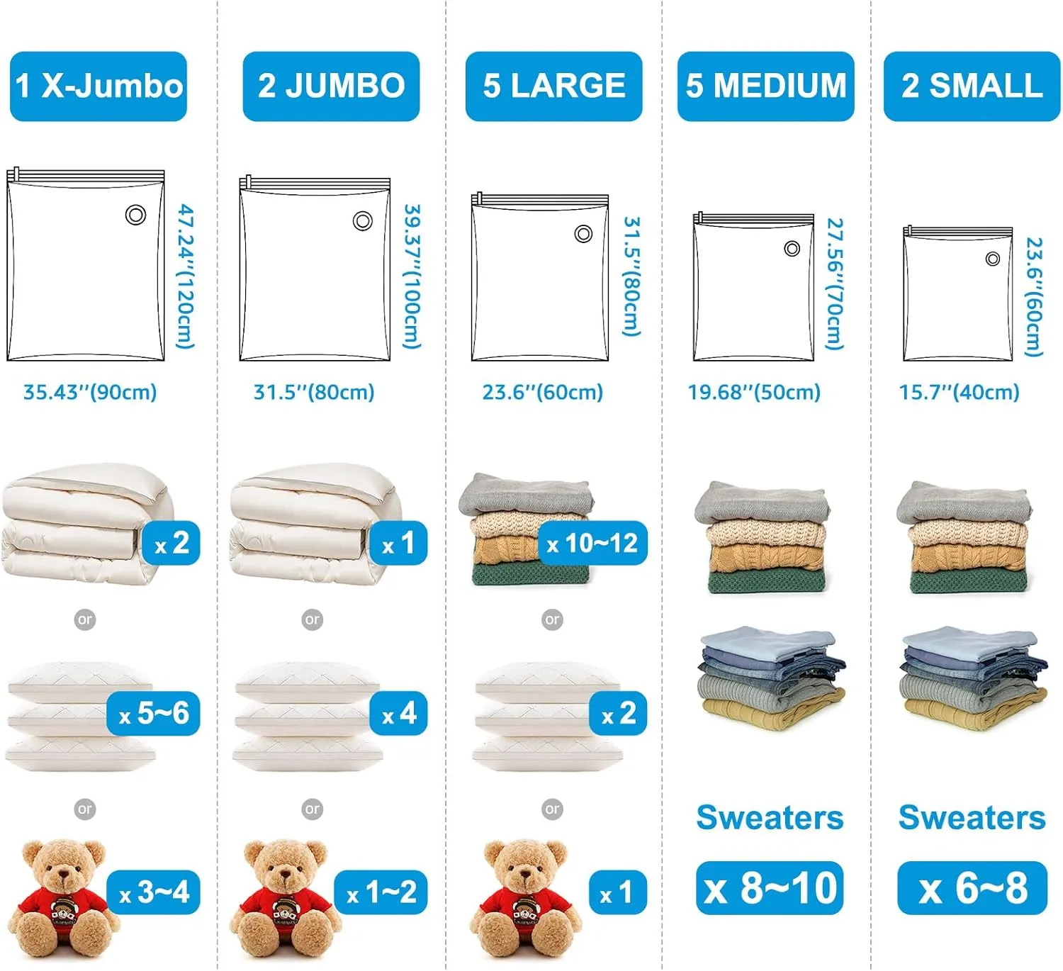 BoxLegend Vacuum Storage Bags 15 Combo Vacuum Pack Bags Space Saving Double Zipper Seal & Leak Valve Reusable for Clothes Pillow Comforters Bedding,1XXL, 2XL, 5L, 5M, 2S,1 Large Pump