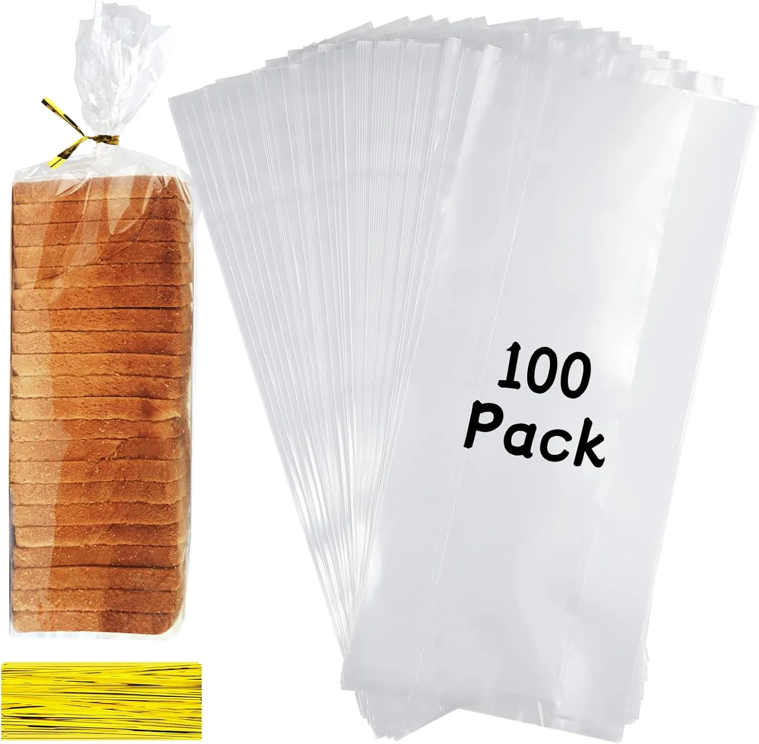 Bread Bags with Ties, 100 Clear Bread Bags for Homemade Bread and 100 Ties, Adjustable Reusable Plastic Bread Bags, Bread Loaf Bags for Home Bakers and Bakery Owners