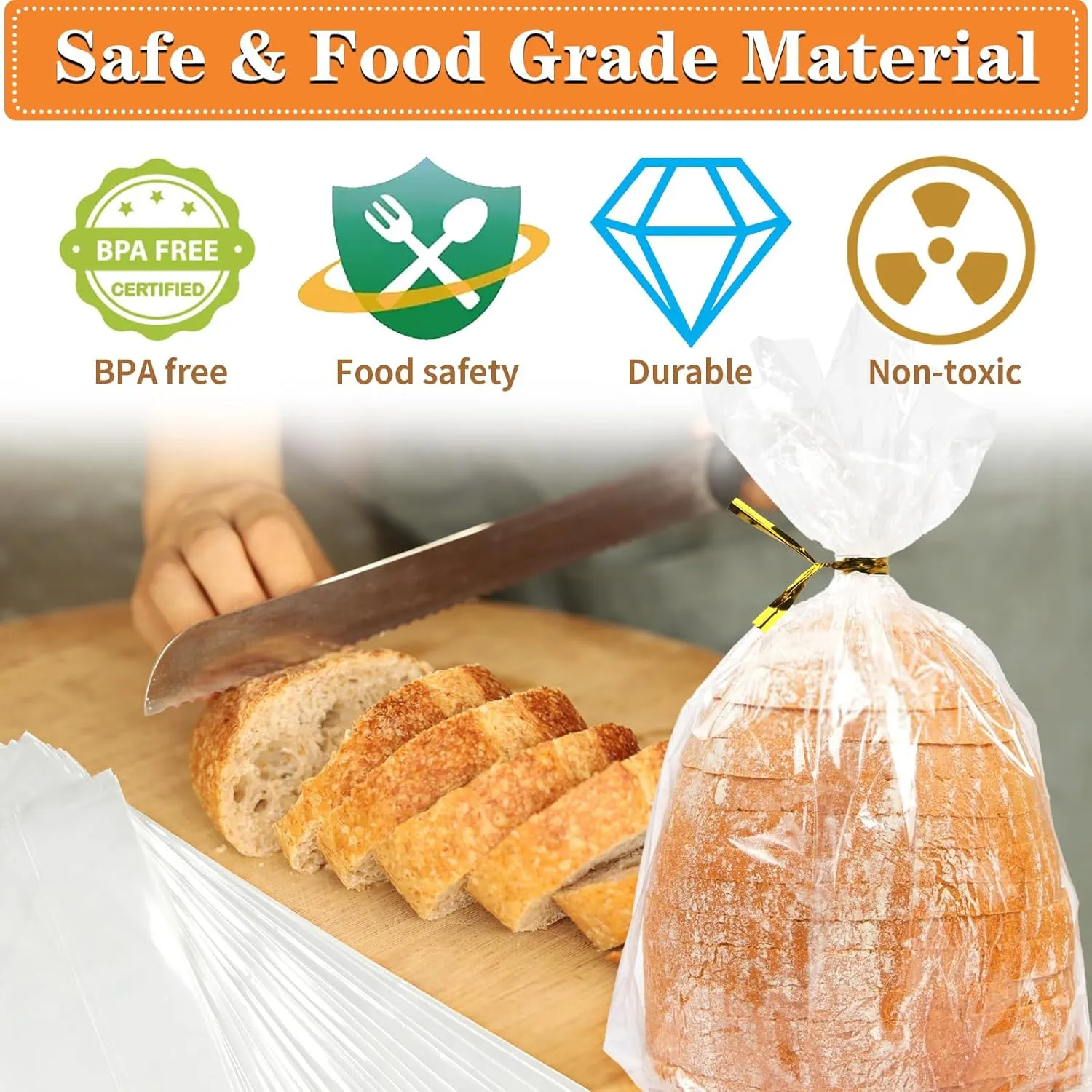 Bread Bags with Ties, 100 Clear Bread Bags for Homemade Bread and 100 Ties, Adjustable Reusable Plastic Bread Bags, Bread Loaf Bags for Home Bakers and Bakery Owners
