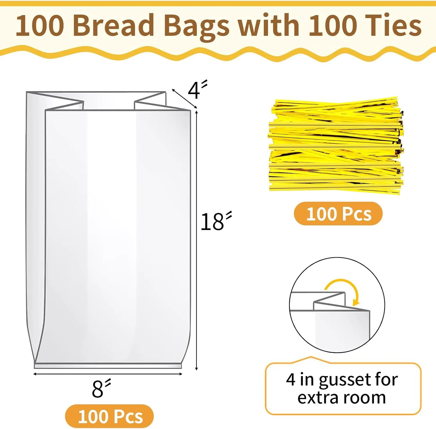Bread Bags with Ties, 100 Clear Bread Bags for Homemade Bread and 100 Ties, Adjustable Reusable Plastic Bread Bags, Bread Loaf Bags for Home Bakers and Bakery Owners