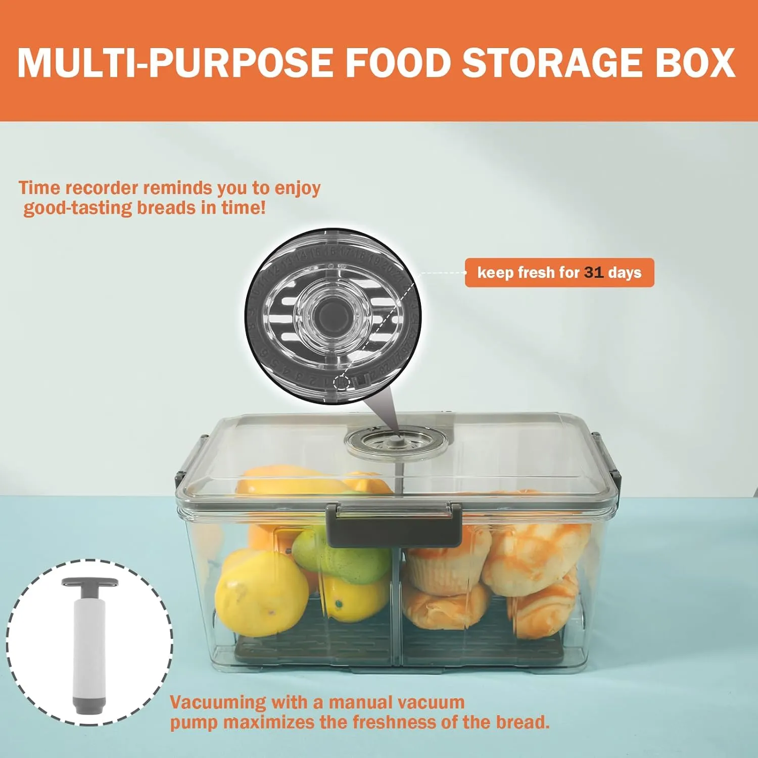 Bread Box for Kitchen Counter Airtight, Extra Large Bread Container Boxes with Vacuum Pump, Bread Storage Keeper with Airtight Lid and Time Recording for Homemade Bread, Bun, Bagel, Loaf (Gray)