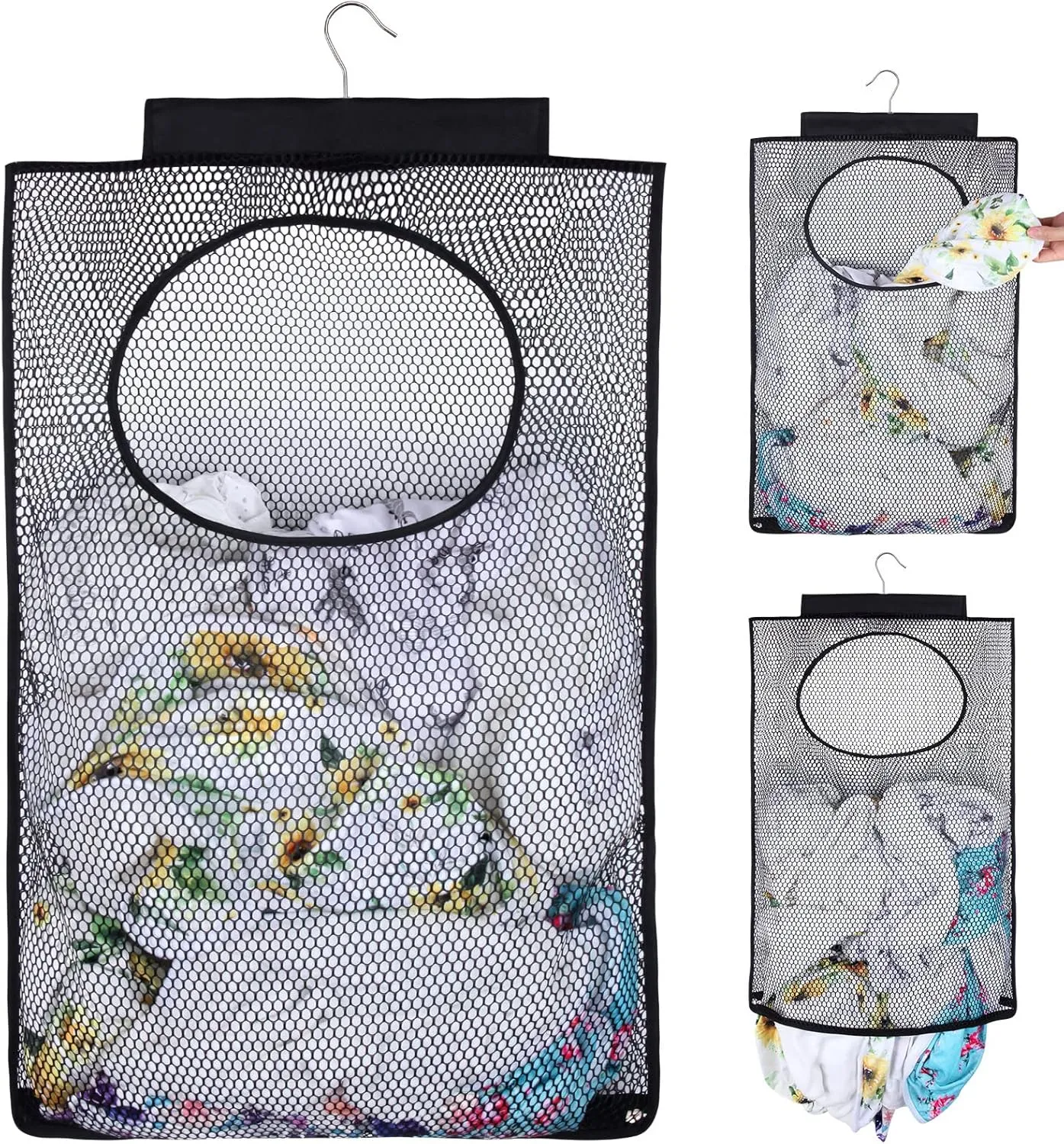 Breathable Mesh Laundry Hamper, Bringing Hooks Foldable Hanging Shower Caddy, Fast Drying Portable Space Saving Storage Bag, Applied to College Dorm Rooms, Gym, Swimming and RV Travel (Black)
