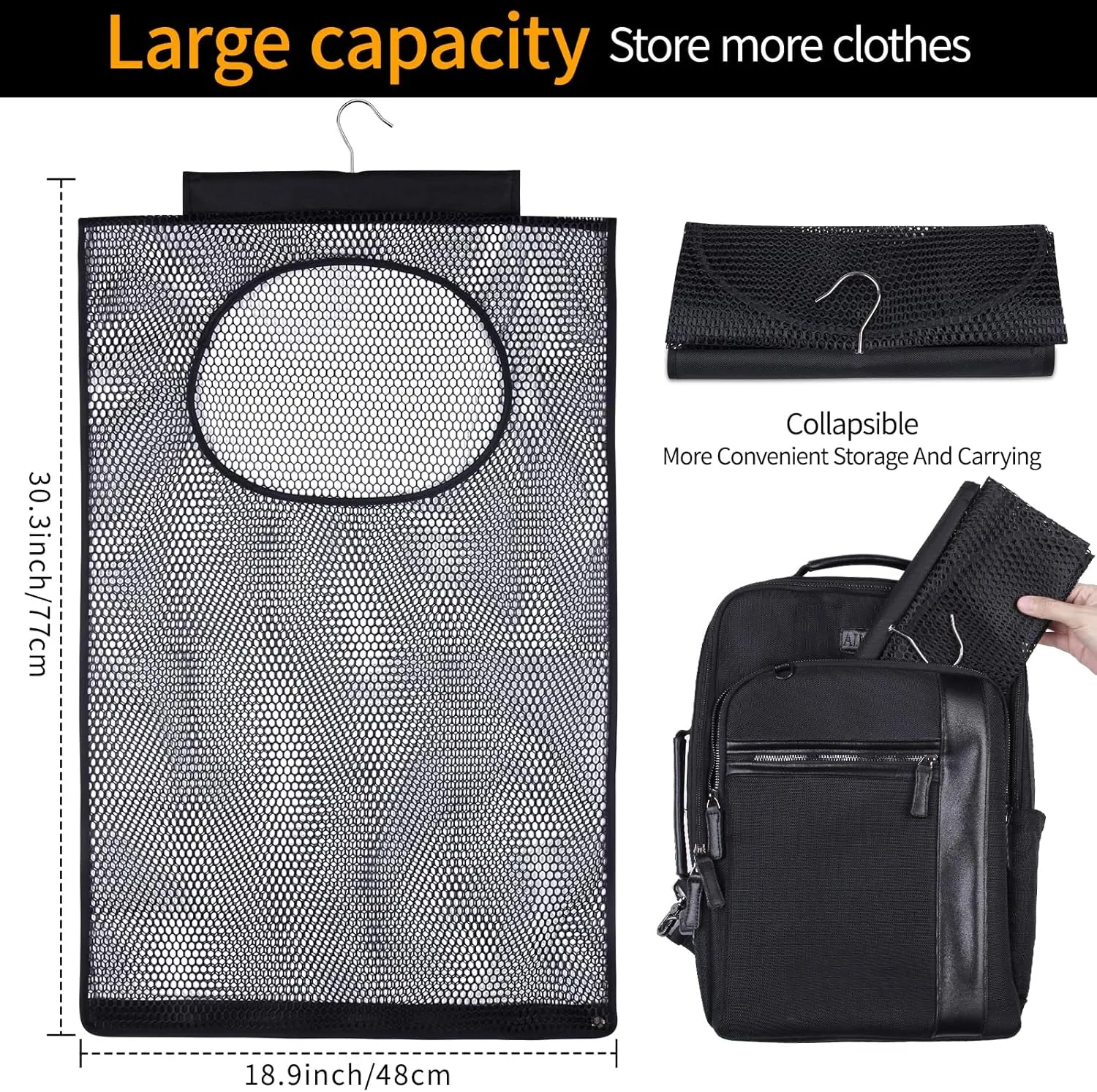 Breathable Mesh Laundry Hamper, Bringing Hooks Foldable Hanging Shower Caddy, Fast Drying Portable Space Saving Storage Bag, Applied to College Dorm Rooms, Gym, Swimming and RV Travel (Black)