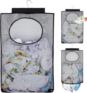 Breathable Mesh Laundry Hamper, Bringing Hooks Foldable Hanging Shower Caddy, Fast Drying Portable Space Saving Storage Bag, Applied to College Dorm Rooms, Gym, Swimming and RV Travel (Black)