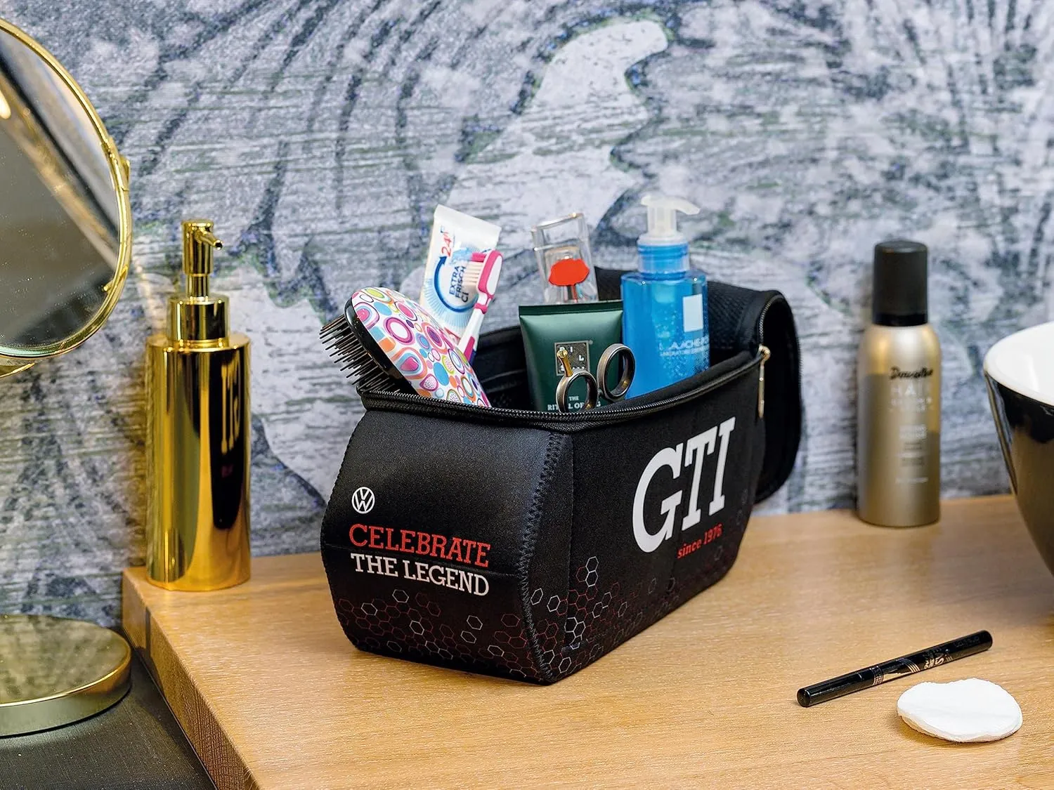 BRISA VW Collection - Volkswagen Neoprene Universal Makeup Cosmetics Toiletry Travel Pharmacy Bag in GTI Design (Hexagon/Black/Large)