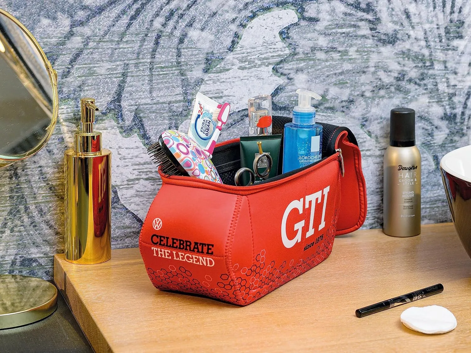 BRISA VW Collection - Volkswagen Neoprene Universal Makeup Cosmetics Toiletry Travel Pharmacy Bag in GTI Design (Hexagon/Red/Large)