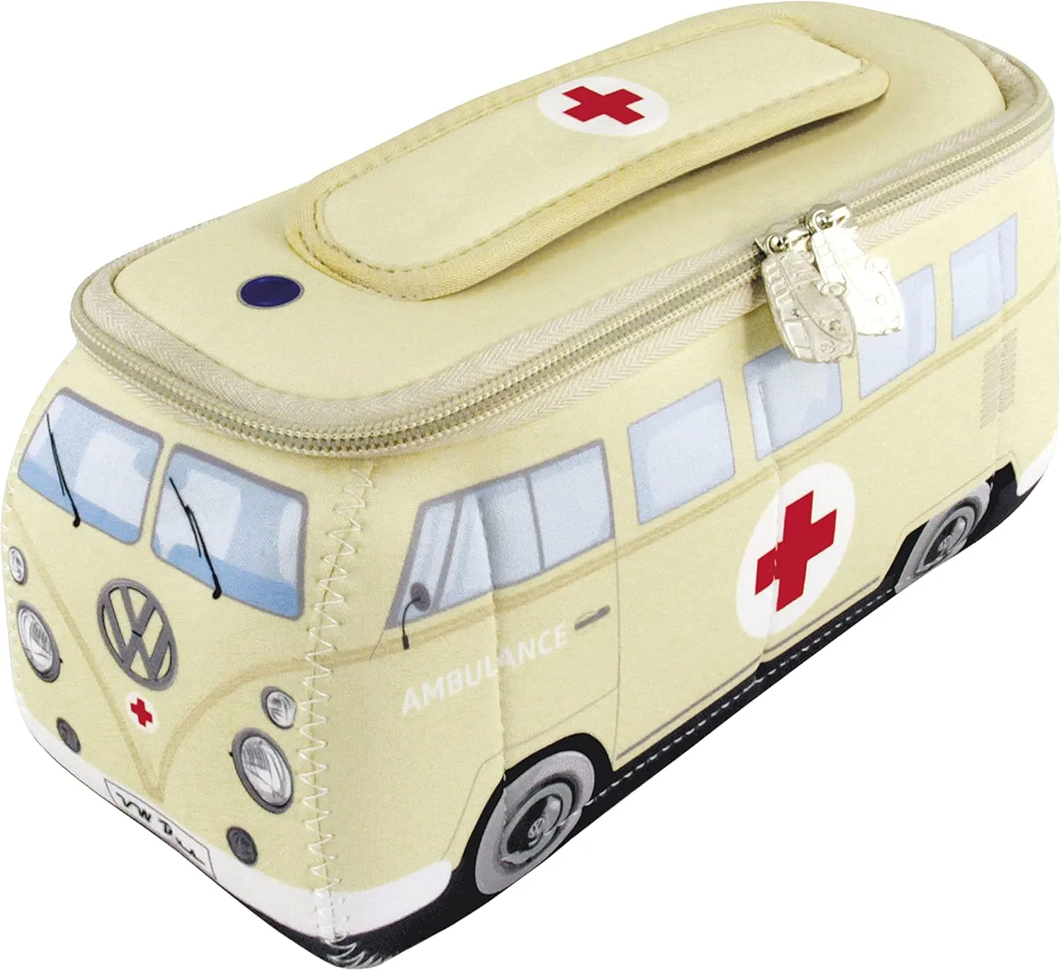 BRISA VW Collection - Volkswagen Neoprene Universal Makeup Cosmetics Toiletry Travel Pharmacy Bag in T1 Bus Design (Ambulance/Beige) (Large (11.8 x 5.5 x 4.7 inches))
