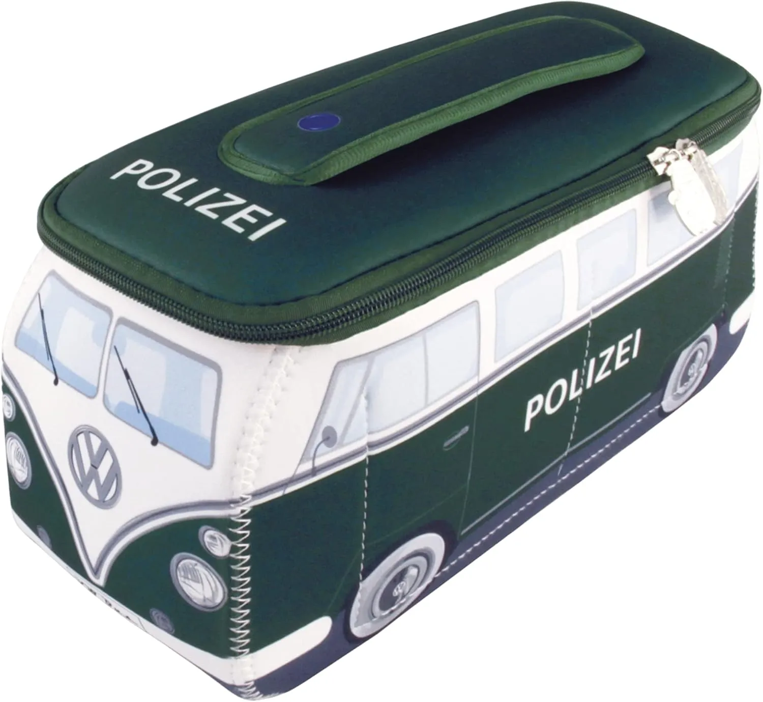 BRISA VW Collection - Volkswagen Neoprene Universal Makeup Cosmetics Toiletry Travel Pharmacy Bag in T1 Bus Design (Police/Green) (Large (11.8 x 5.5 x 4.7 inches))
