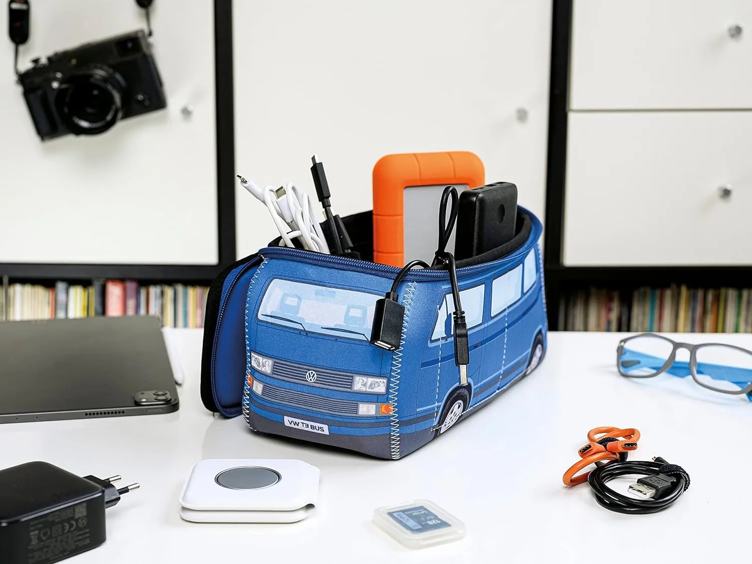 BRISA VW Collection - Volkswagen Neoprene Universal Makeup Cosmetics Toiletry Travel Pharmacy Bag in T3 Bus Vanagon Design (Blue/Large)