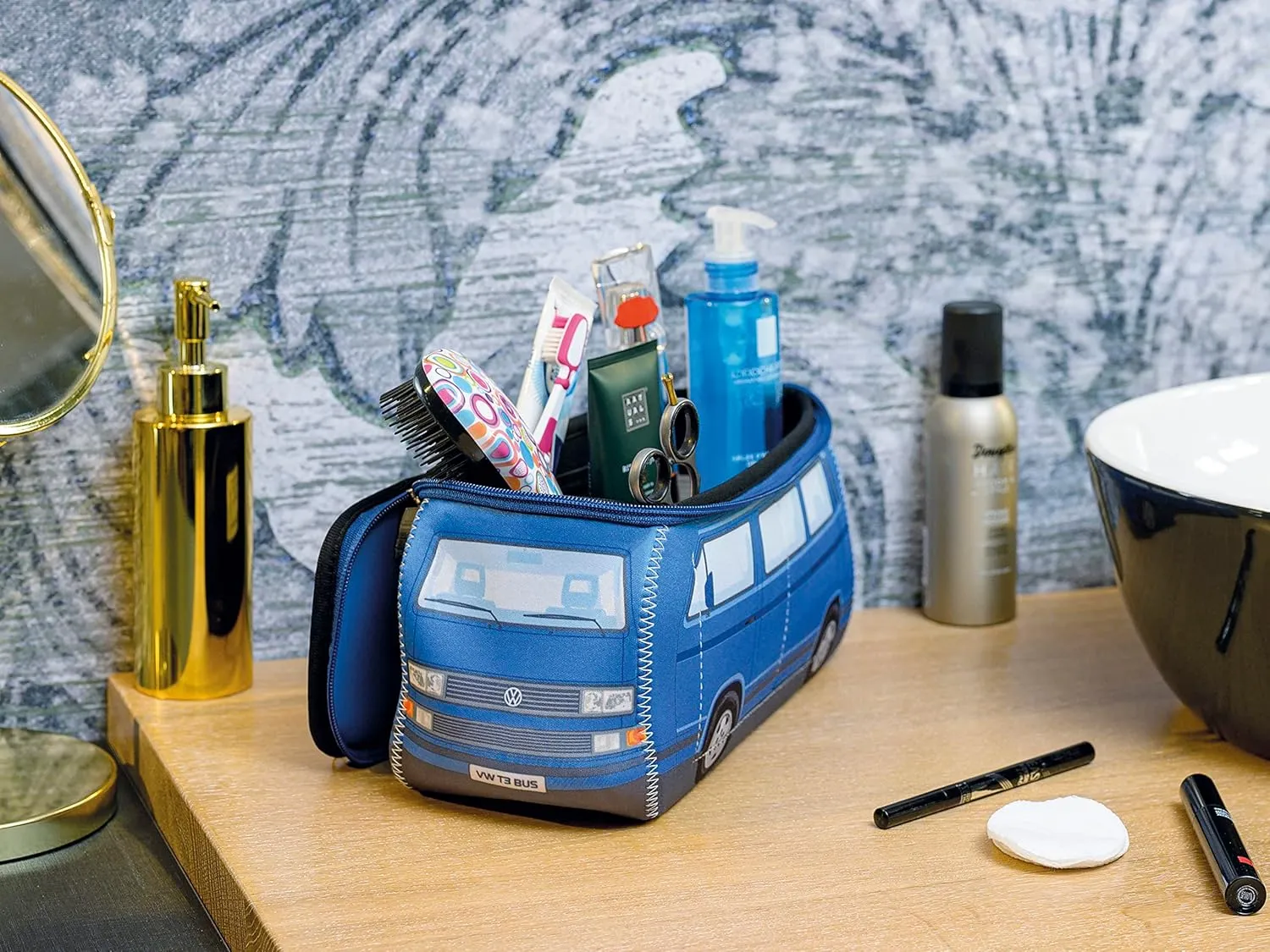 BRISA VW Collection - Volkswagen Neoprene Universal Makeup Cosmetics Toiletry Travel Pharmacy Bag in T3 Bus Vanagon Design (Blue/Large)