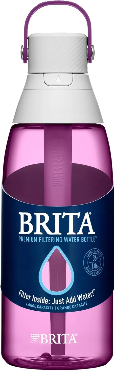 Brita Hard-Sided Plastic Premium Filtering Water Bottle, BPA-Free, Reusable, Replaces 300 Plastic Water Bottles, Filter Lasts 2 Months or 40 Gallons, Includes 1 Filter, Orchid - 36 oz.