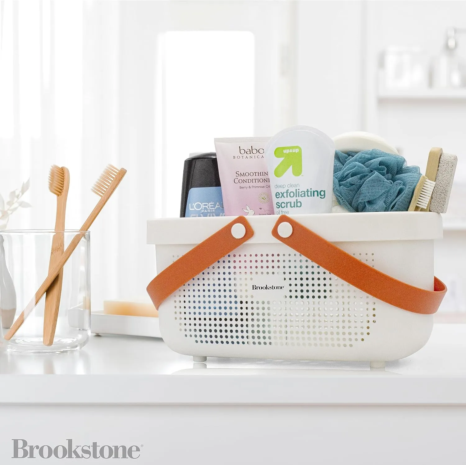 Brookstone BKH1635, Large Portable Shower Caddy with Soft Silicone Carrying Handle, Bathroom Organizer Basket, Plastic Bath Tote, Dries Quickly with Drainage Holes [BPA Free], White