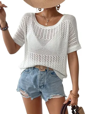 Bsubseach Crochet Tops for Women Short Sleeve Cover Ups for Swimwear Women Knit Hollow Out Sweater Mesh Top 2025