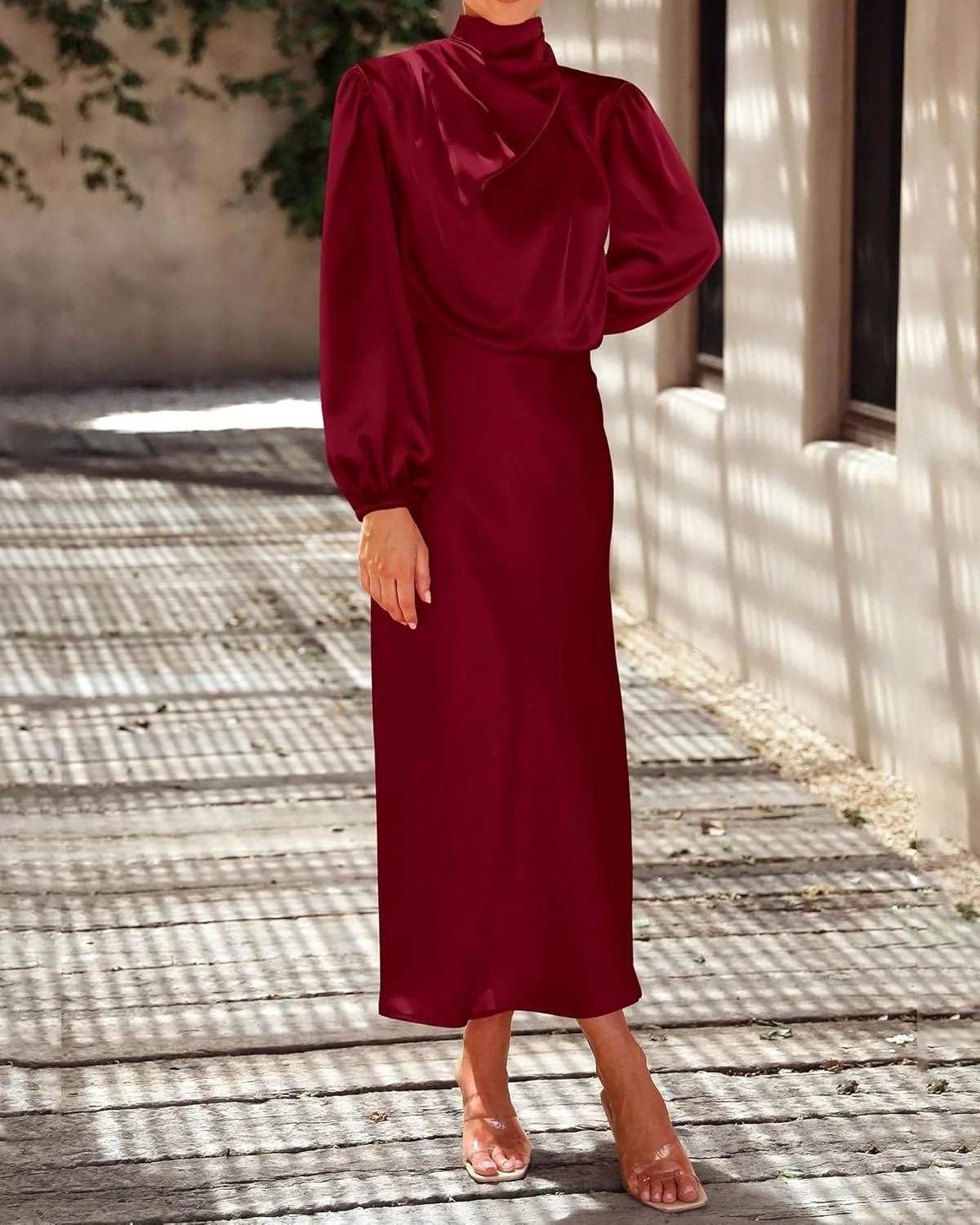 BTFBM Womens Mock Neck Satin Dress 2025 Summer Spring Long Sleeve High Waist Wedding Party Maxi Formal Cocktail Dresses