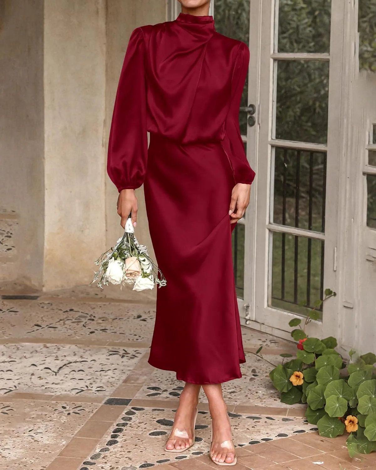 BTFBM Womens Mock Neck Satin Dress 2025 Summer Spring Long Sleeve High Waist Wedding Party Maxi Formal Cocktail Dresses