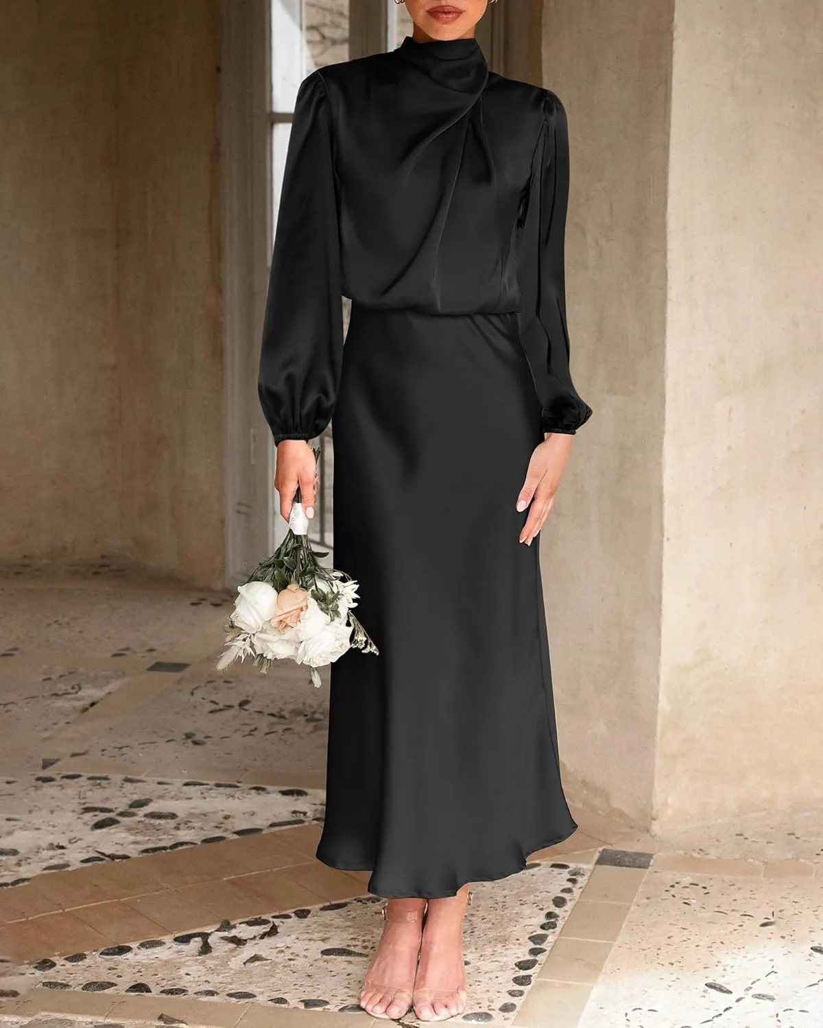 BTFBM Womens Mock Neck Satin Dress 2025 Summer Spring Long Sleeve High Waist Wedding Party Maxi Formal Cocktail Dresses