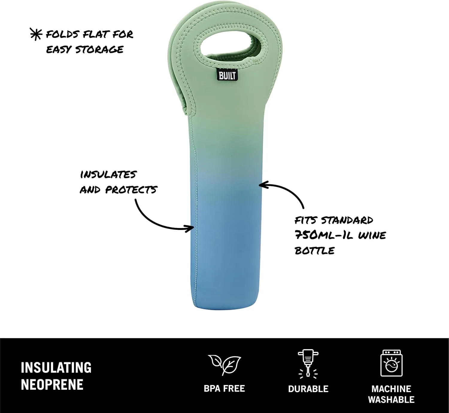BUILT One Bottle Wine Tote, Stain, Tear, and Water Resistant, Insulated Bag For Protecting Wine Bottle While Carrying, Sea Glass