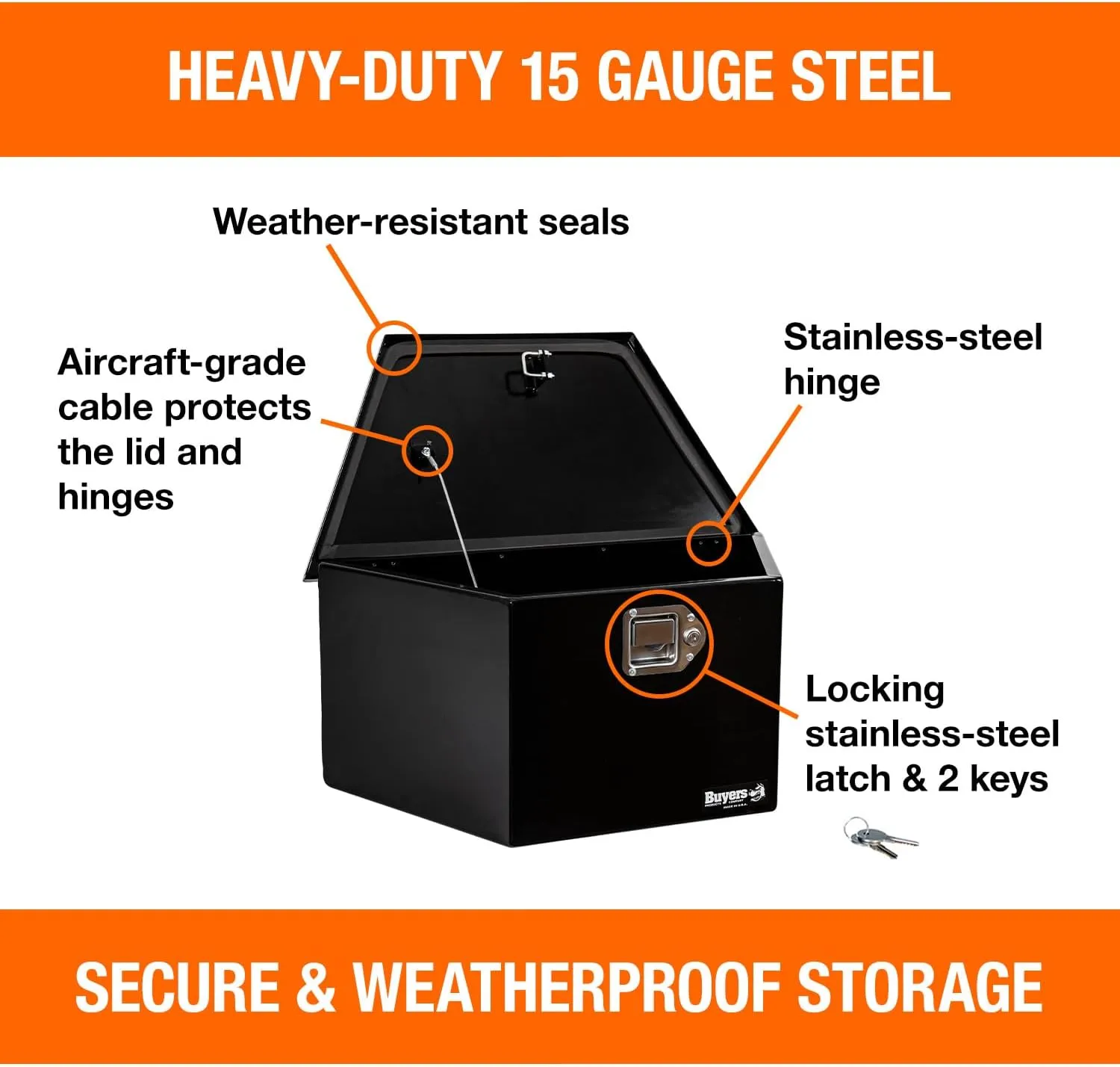 Buyers Products 1701280 Steel Trailer Tongue Box, 16.3 x 14.3 x 35.1 Inch, Black Gloss, Made In The USA, Trailer Tongue Tool Box For Storage And Organization, Trailer Storage Box