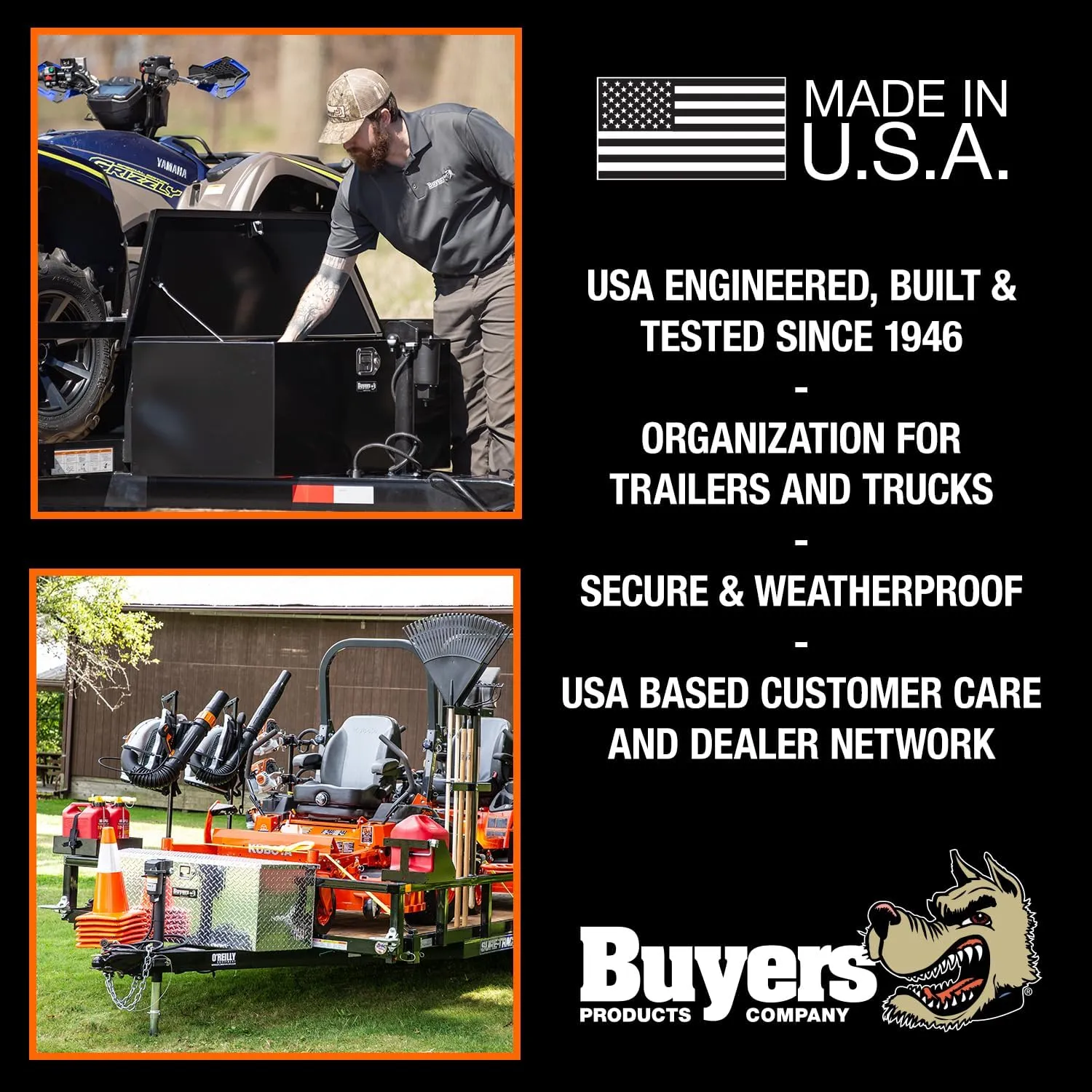 Buyers Products 1701280 Steel Trailer Tongue Box, 16.3 x 14.3 x 35.1 Inch, Black Gloss, Made In The USA, Trailer Tongue Tool Box For Storage And Organization, Trailer Storage Box