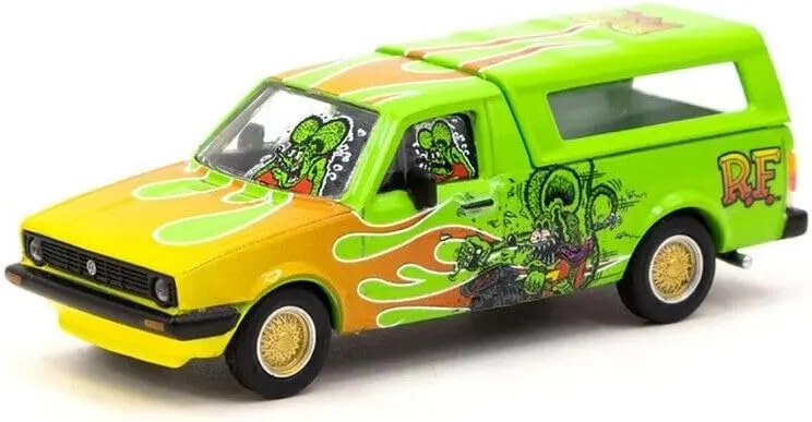 Caddy Pickup Truck with Camper Shell Green with Flames and Graphics Collab64 Series 1/64 Diecast Model Car by Schuco & Tarmac Works T64S-013-RF1