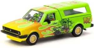 Caddy Pickup Truck with Camper Shell Green with Flames and Graphics Collab64 Series 1/64 Diecast Model Car by Schuco & Tarmac Works T64S-013-RF1