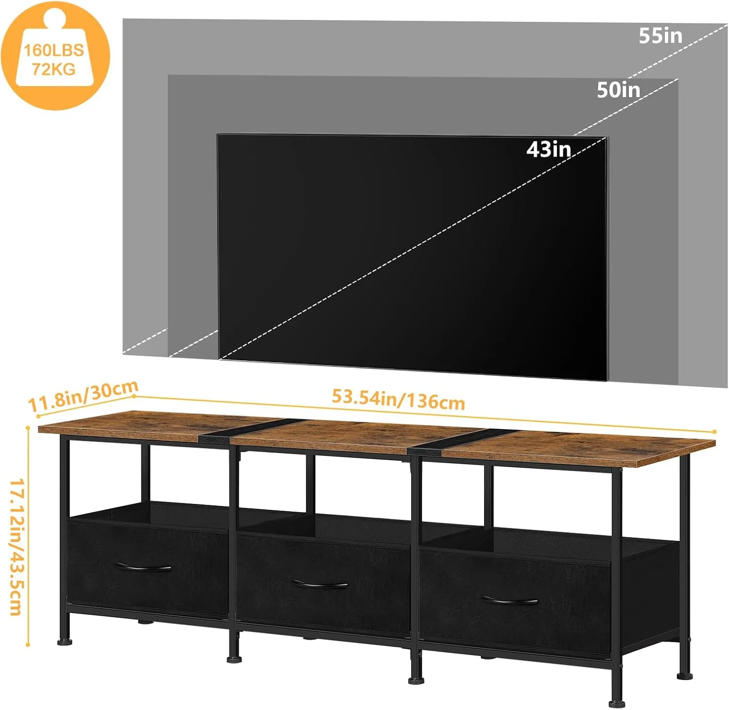 CADUKE Black TV Stand for 55 inch TV, Farmhouse Entertainment Center with 3 Fabric Drawers, Industrial TV Console Table for Bedroom, Living Room