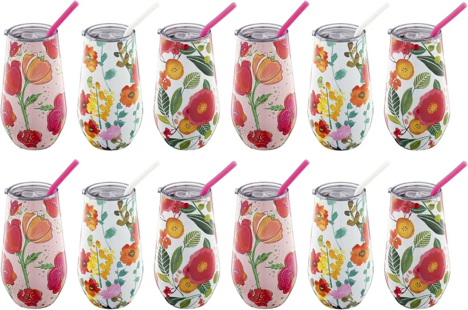 Cambridge EABS216CB0BM 16 Oz Floral Wine Tumblers With Straws, Set Of 12