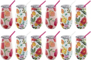 Cambridge EABS216CB0BM 16 Oz Floral Wine Tumblers With Straws, Set Of 12