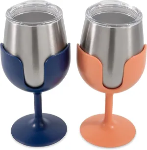 Camco Life is Better at The Campsite Wine Tumbler | Heavy Duty Double Wall Vacuum Insulation | Crafted of 18/8 Stainless Steel | Features Removable Navy & Peach Stems | 2-Pk, 8-oz/Each (51917)