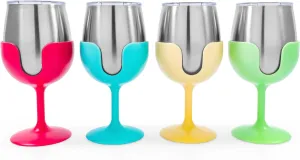 Camco Life is Better at The Campsite Wine Tumbler | Heavy Duty Double Wall Vacuum Insulation | Crafted of 18/8 Stainless Steel | Removable Green, Yellow, Blue & Pink Stems | 4-Pk, 8-oz/Each (53068)