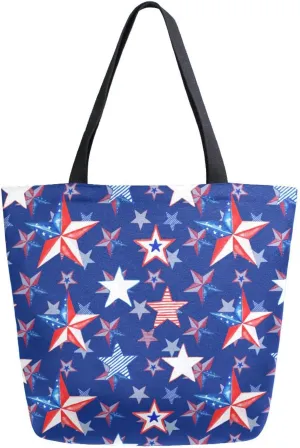 Canvas Tote Bag Blue Stars Flag Women Shoulder Bag Watercolor Memorial Day Reusable Grocery Bags Large Handbag Travel Shopping Bag for School Nursing Gift Outdoors