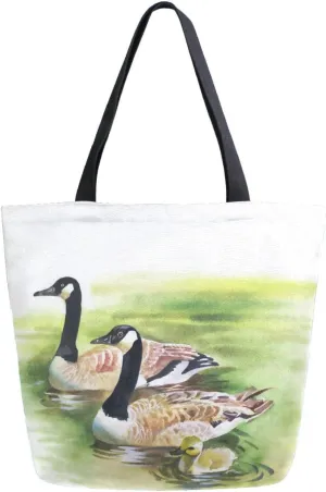 Canvas Tote Bag Cute Geese Flock Women Shoulder Bag Vintage Spring Summer Green Reusable Grocery Bags Large Handbag Travel Shopping Bag for School Nursing Gift Outdoors