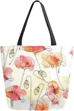 Canvas Tote Bag Field Poppies Seamless Pattern Dark Outline and Watercolor Stains Red Green Bright Vector Desig Women Shoulder Bag Reusable Grocery Bags Large Handbag Travel Shopping Bag for Sc