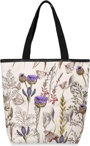 Canvas Tote Bag for Women Men Vintage Botanical Herbs Butterflies Canvas Handbag Shoulder Tote Bag with Zipper Closure Reusable Grocery Bag Shopping Cloth Bag with Handles for Beach Gym Picnic Work