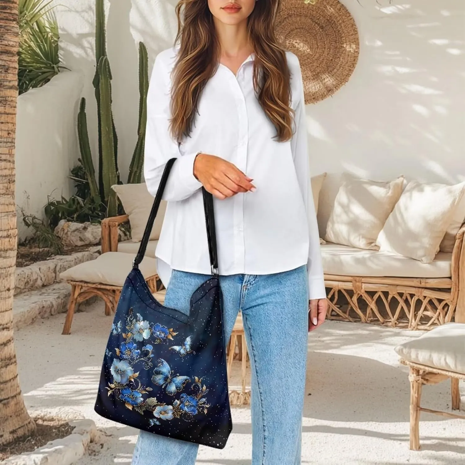Canvas Tote Bag for Women, Retro Tote Bag Adjustable Shoulder Strap Fashion Shoulder Purse Canvas Travel Satchel