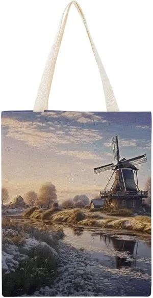 Canvas Tote Bag, Landscape with A Traditional Windmill Print Canvas Shoulder Bag Trendy Tote Bag All-purpose Tote Bag Vintage Canvas Bag