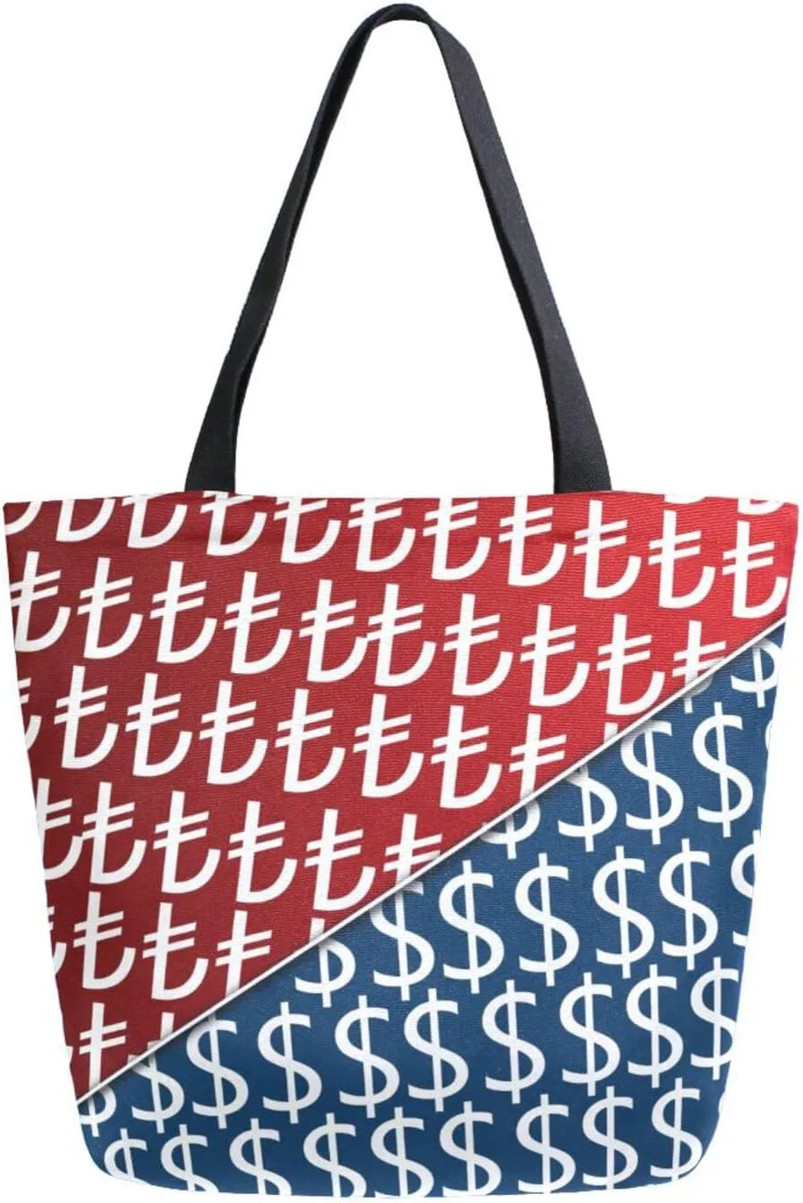 Canvas Tote Bag Us Dollar Women Shoulder Bag Turkish Lira Reusable Grocery Bags Large Handbag Travel Shopping Bag for School Nursing Gift Outdoors